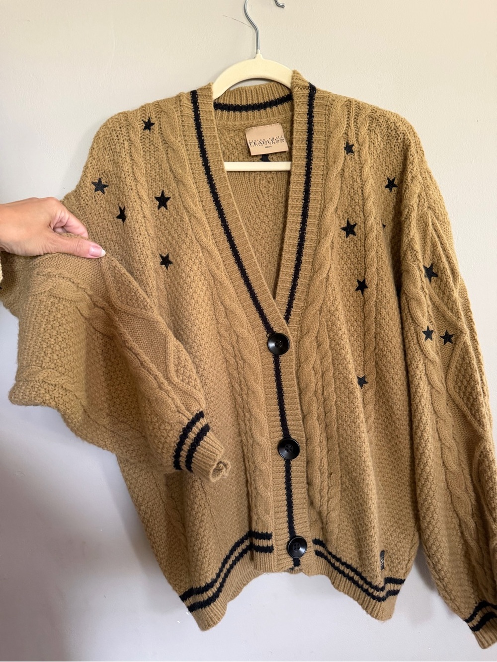 Taylor Swift “Fearless” Camel Cable Knit Star Cardigan with Black Trim